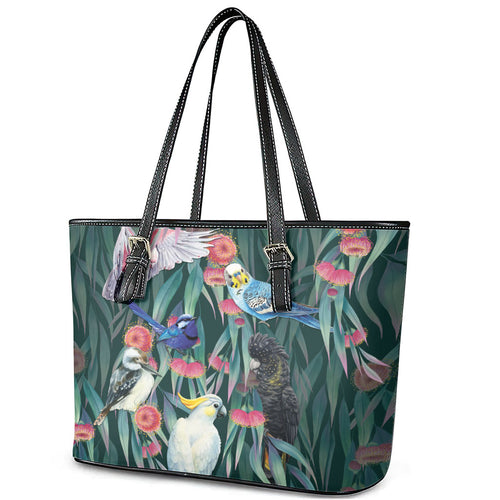 Australia Native Birds on Eucalyptus Leather Tote Bag Dark Teal