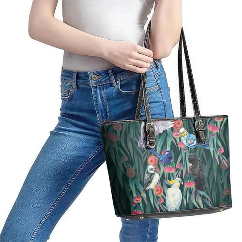 Australia Native Birds on Eucalyptus Leather Tote Bag Dark Teal