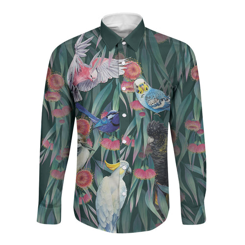 Australia Native Birds on Eucalyptus Long Sleeve Button Shirt Dark Teal