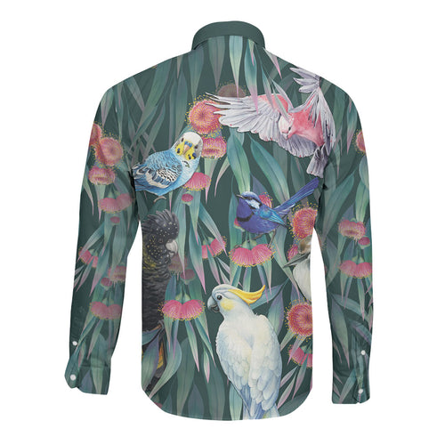 Australia Native Birds on Eucalyptus Long Sleeve Button Shirt Dark Teal