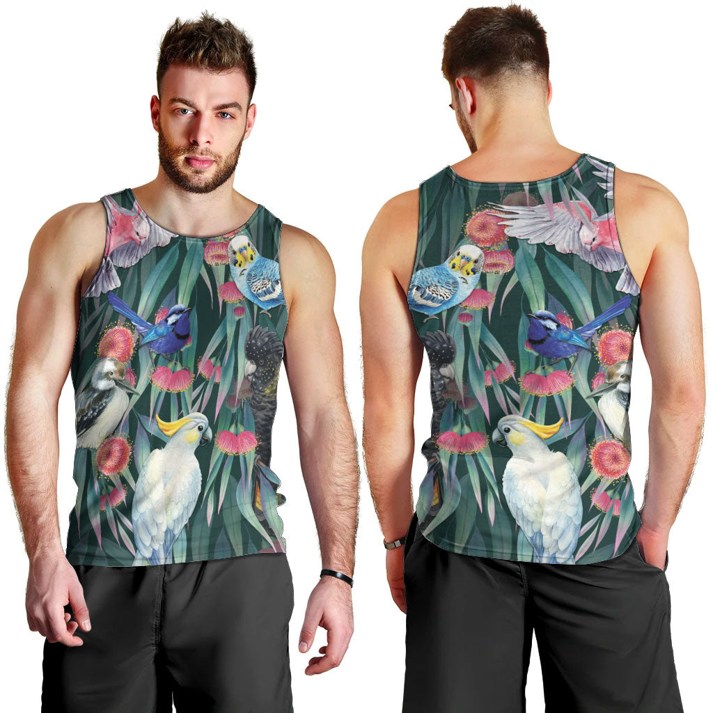 Australia Native Birds on Eucalyptus Men Tank Top Dark Teal