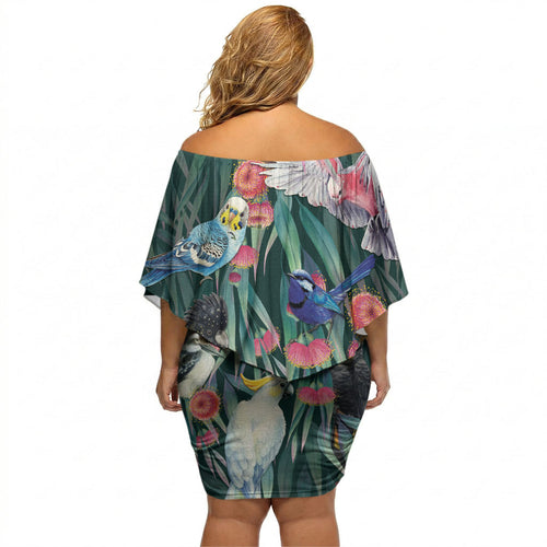 Australia Native Birds on Eucalyptus Off Shoulder Short Dress Dark Teal