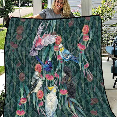 Australia Native Birds on Eucalyptus Quilt Dark Teal