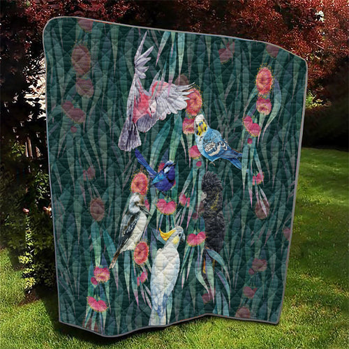Australia Native Birds on Eucalyptus Quilt Dark Teal