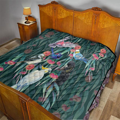 Australia Native Birds on Eucalyptus Quilt Dark Teal