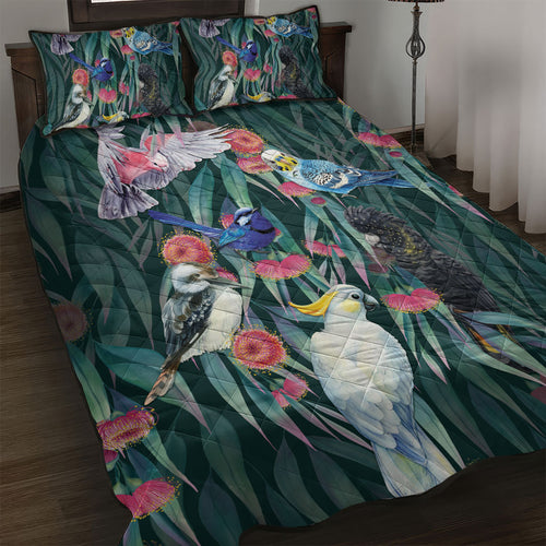 Australia Native Birds on Eucalyptus Quilt Bed Set Dark Teal