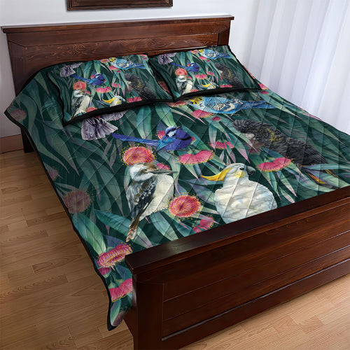 Australia Native Birds on Eucalyptus Quilt Bed Set Dark Teal