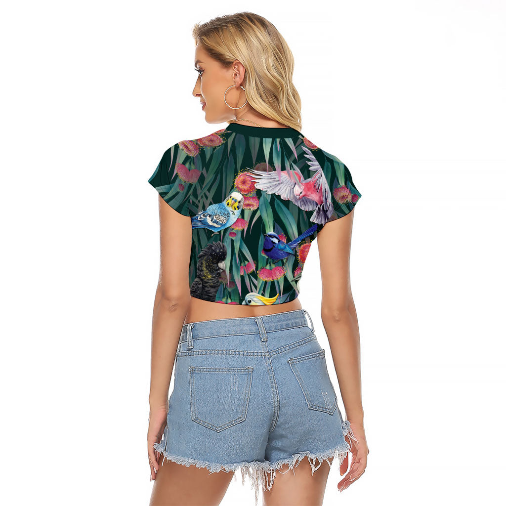Australia Native Birds on Eucalyptus Raglan Cropped T Shirt Dark Teal