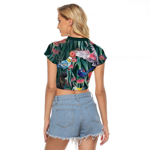 Australia Native Birds on Eucalyptus Raglan Cropped T Shirt Dark Teal