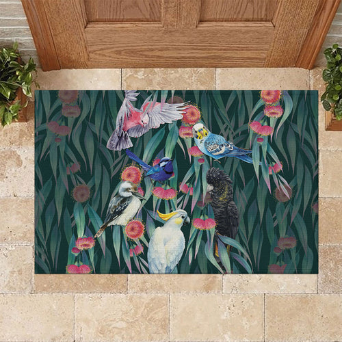 Australia Native Birds on Eucalyptus Rubber Doormat Dark Teal