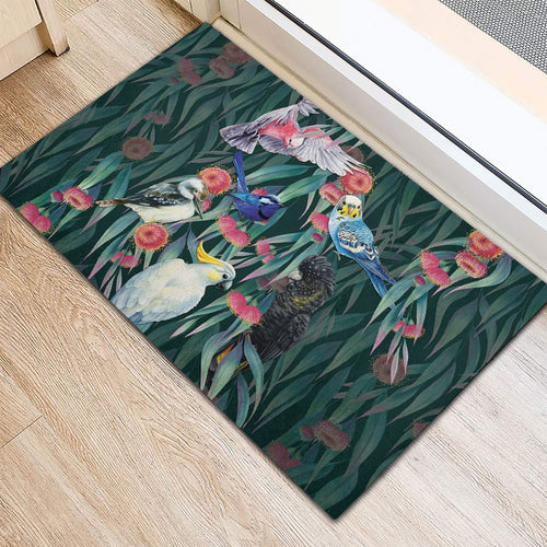 Australia Native Birds on Eucalyptus Rubber Doormat Dark Teal