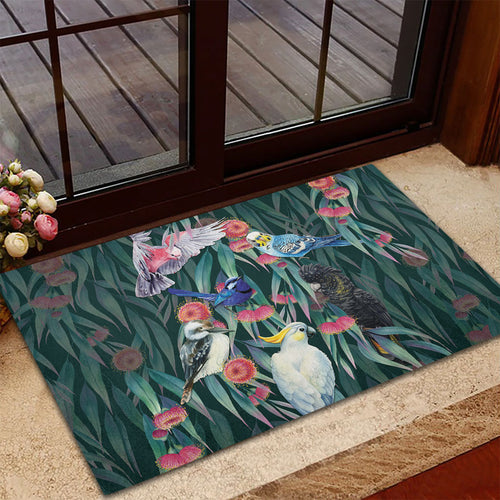 Australia Native Birds on Eucalyptus Rubber Doormat Dark Teal