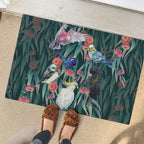 Australia Native Birds on Eucalyptus Rubber Doormat Dark Teal