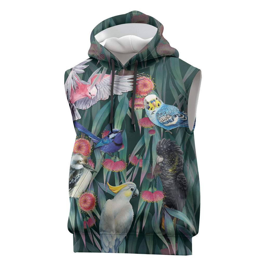 Australia Native Birds on Eucalyptus Sleeveless Hoodie Dark Teal