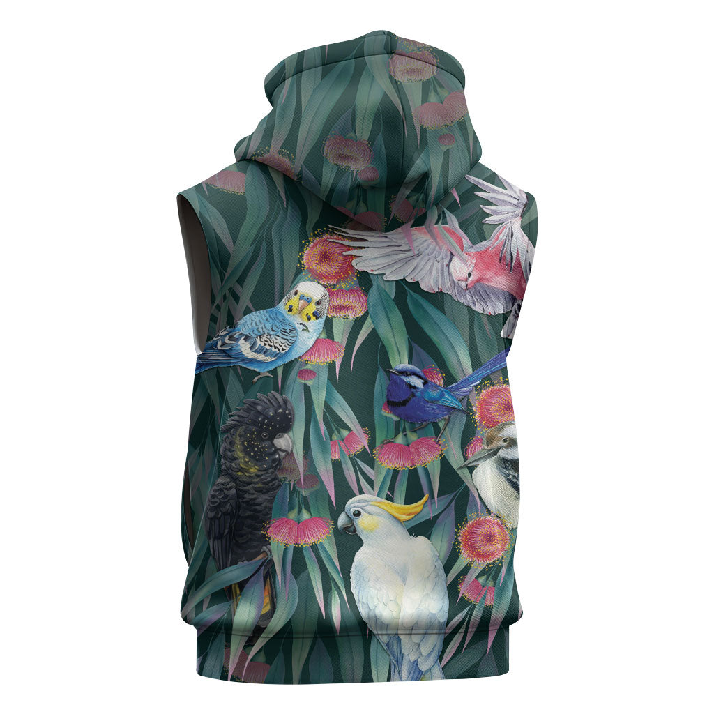 Australia Native Birds on Eucalyptus Sleeveless Hoodie Dark Teal