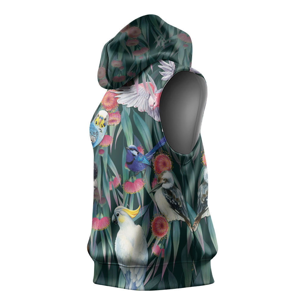 Australia Native Birds on Eucalyptus Sleeveless Hoodie Dark Teal