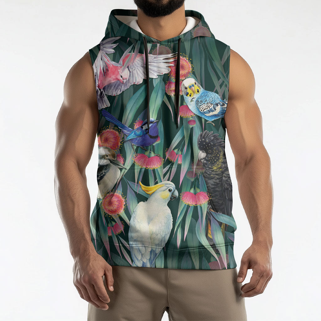 Australia Native Birds on Eucalyptus Sleeveless Hoodie Dark Teal