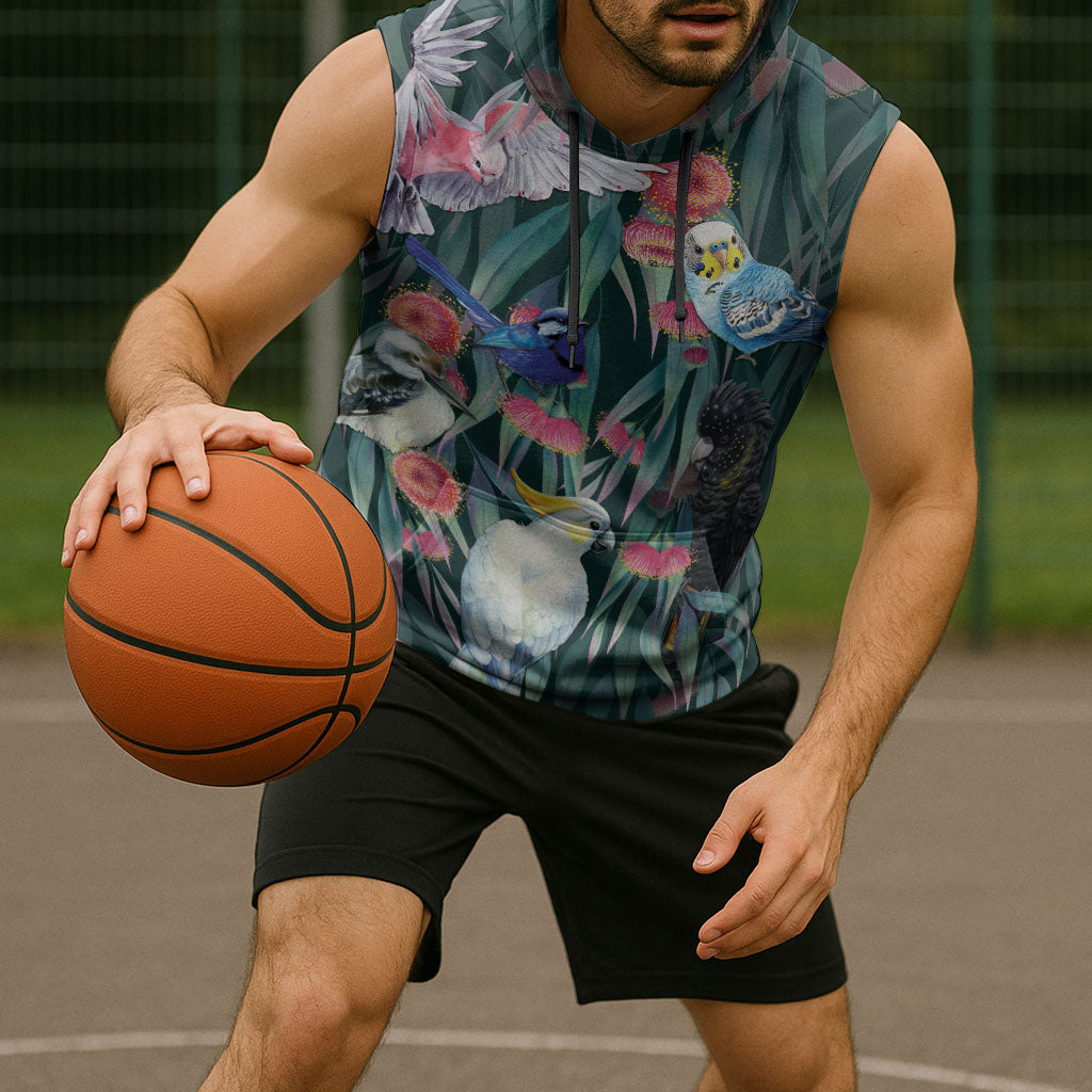 Australia Native Birds on Eucalyptus Sleeveless Hoodie Dark Teal