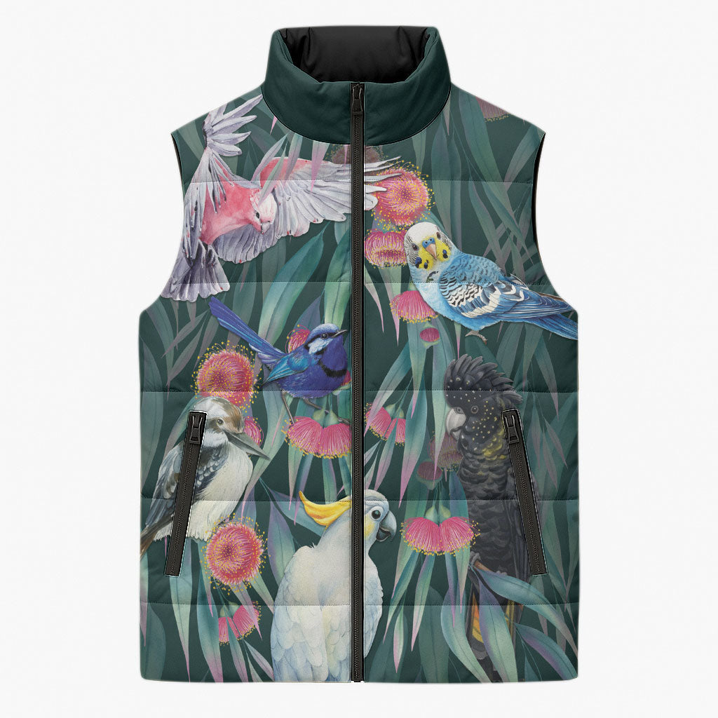 Australia Native Birds on Eucalyptus Sleeveless Puffer Jacket Dark Teal