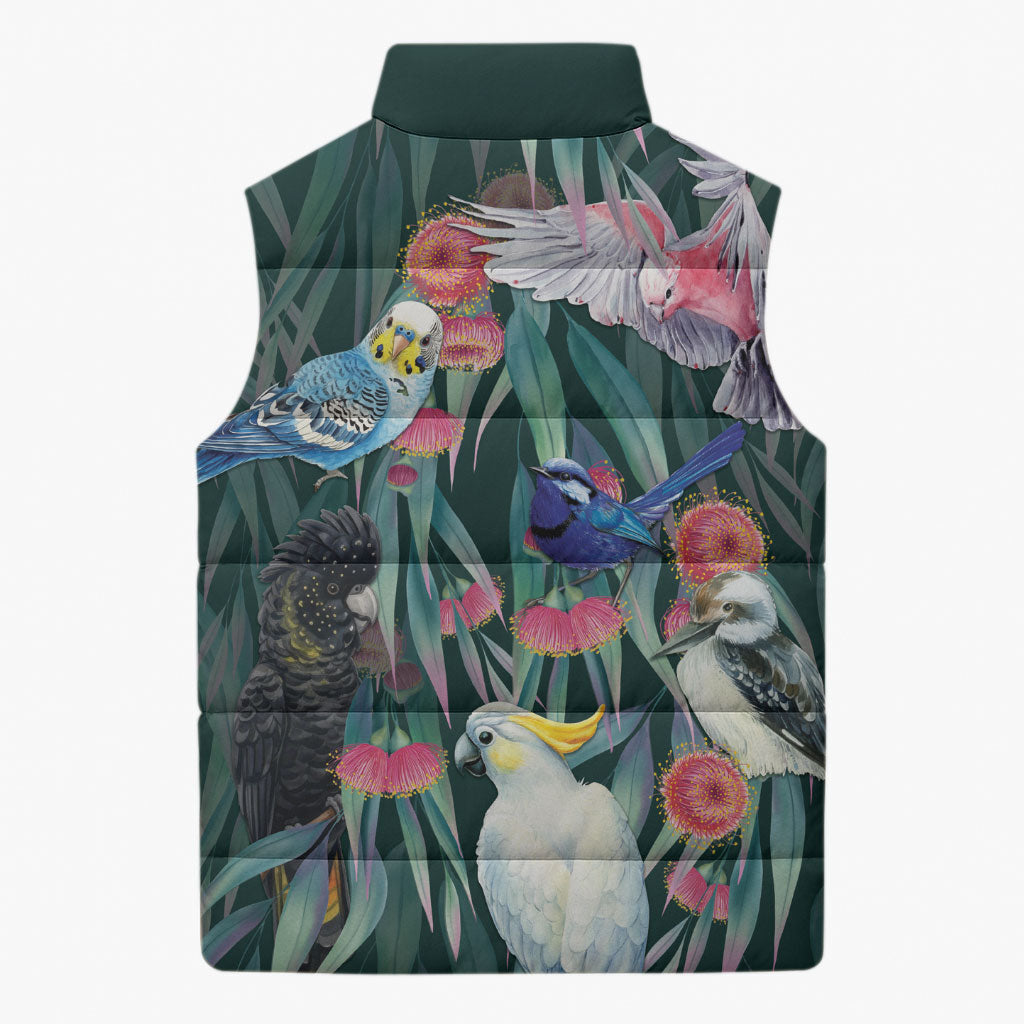 Australia Native Birds on Eucalyptus Sleeveless Puffer Jacket Dark Teal