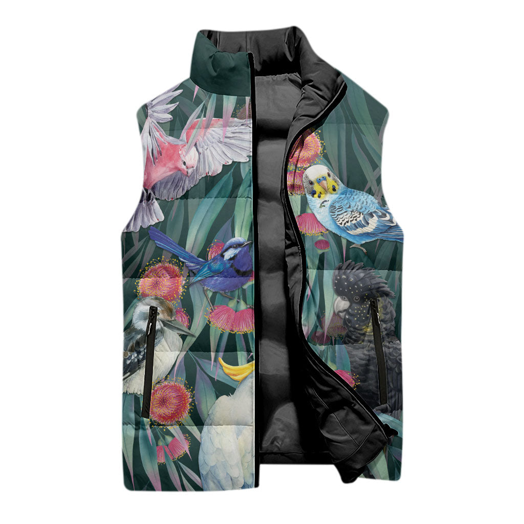 Australia Native Birds on Eucalyptus Sleeveless Puffer Jacket Dark Teal