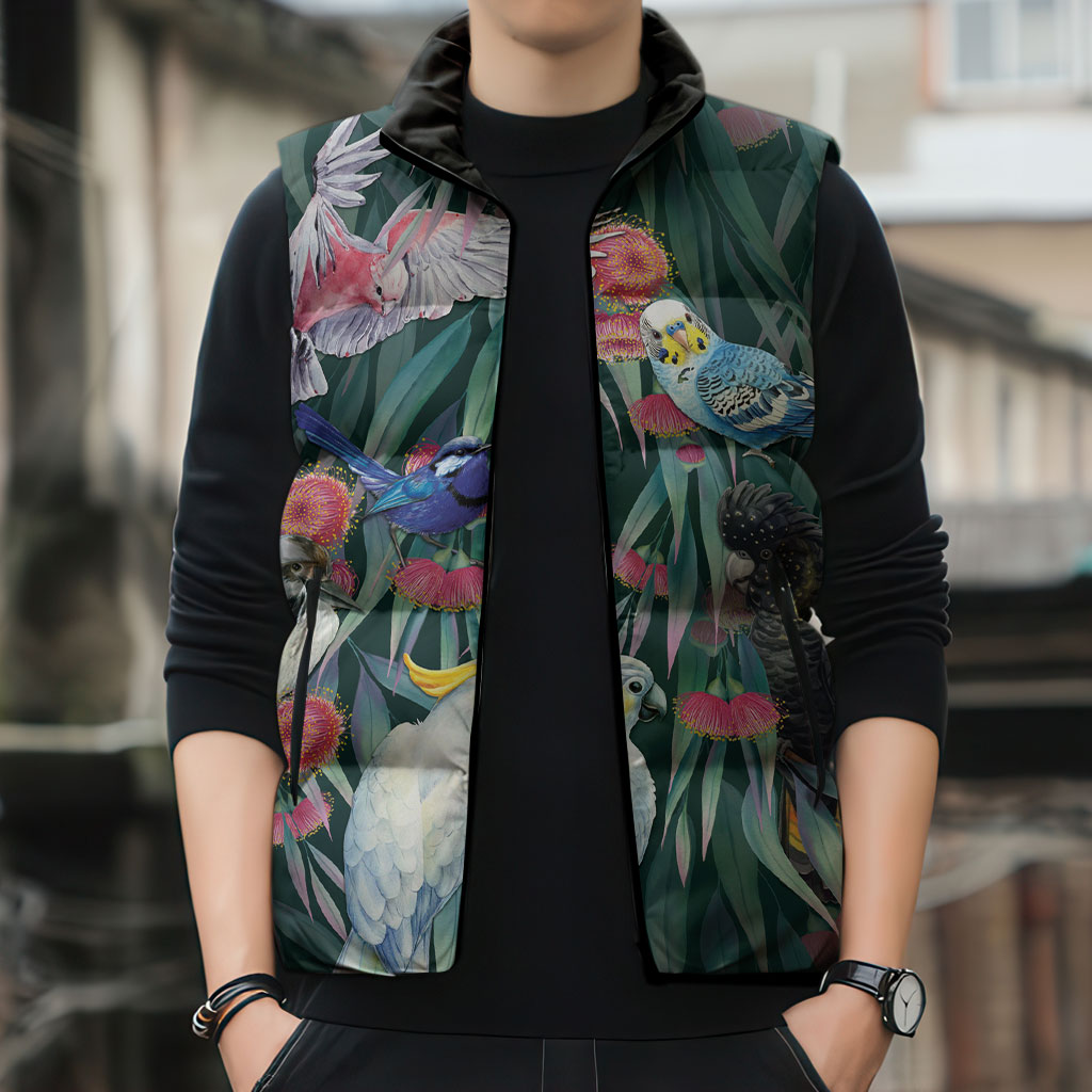 Australia Native Birds on Eucalyptus Sleeveless Puffer Jacket Dark Teal
