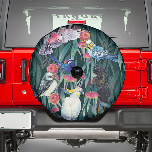 Australia Native Birds on Eucalyptus Spare Tire Cover Dark Teal