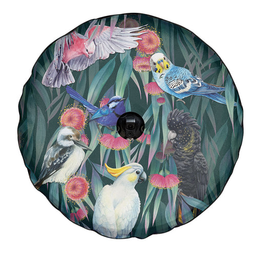 Australia Native Birds on Eucalyptus Spare Tire Cover Dark Teal