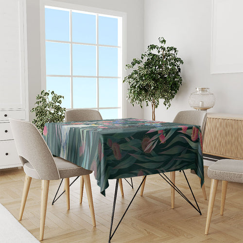 Australia Native Birds on Eucalyptus Tablecloth Dark Teal
