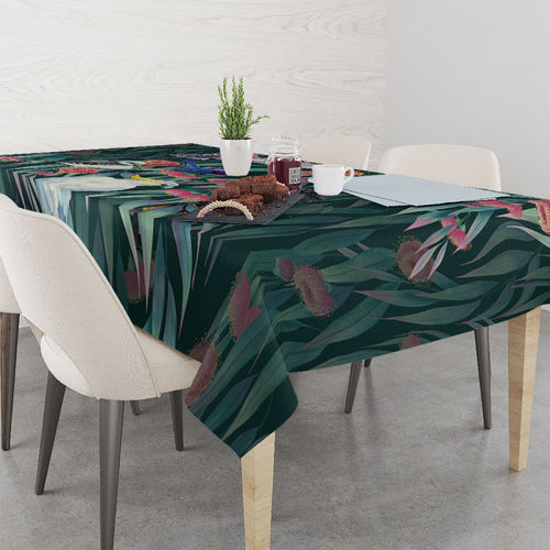 Australia Native Birds on Eucalyptus Tablecloth Dark Teal