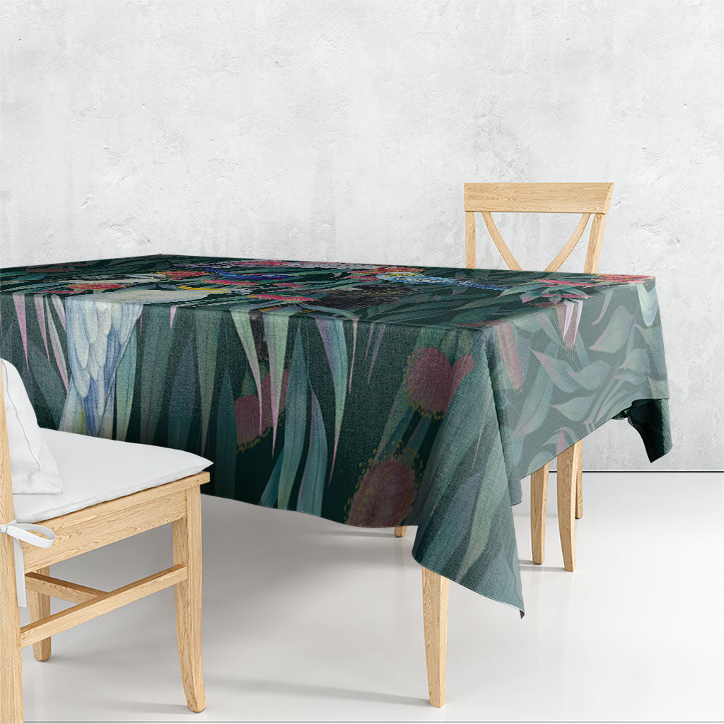 Australia Native Birds on Eucalyptus Tablecloth Dark Teal