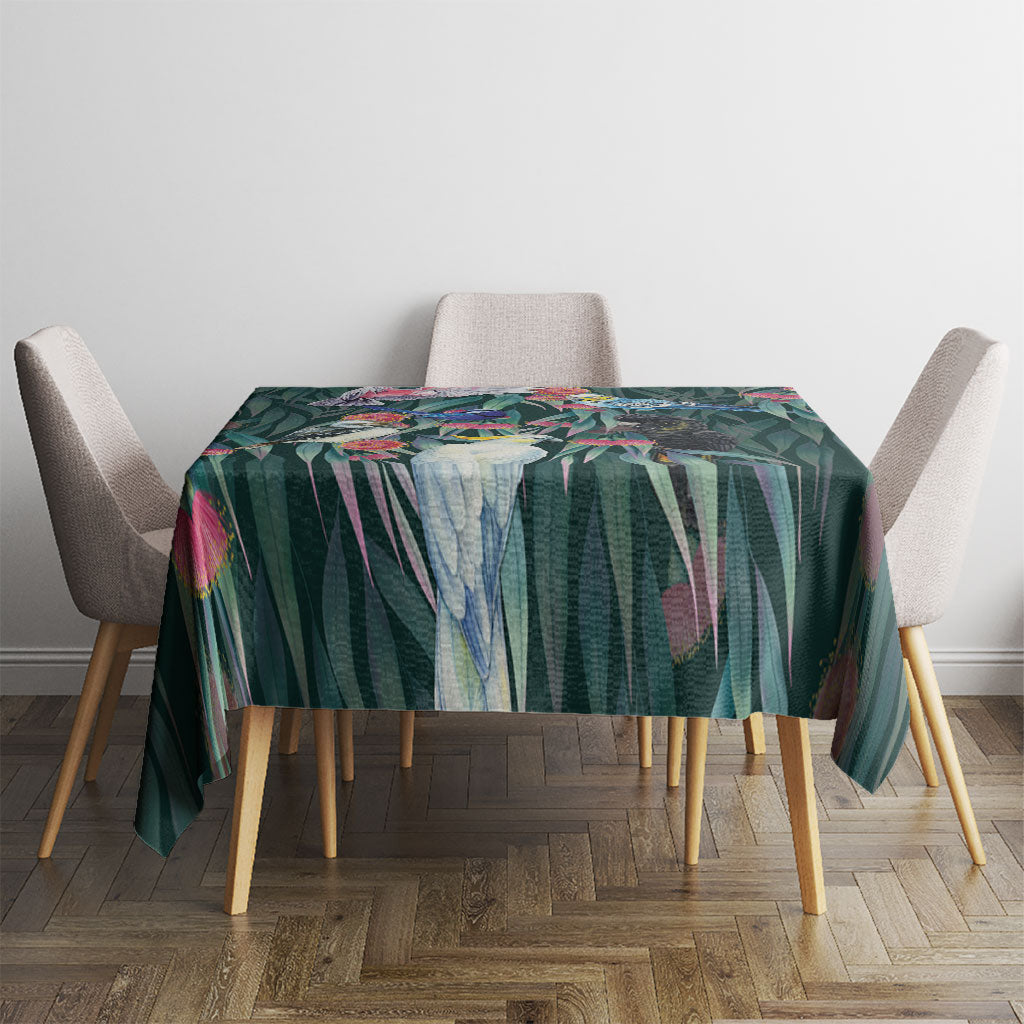 Australia Native Birds on Eucalyptus Tablecloth Dark Teal