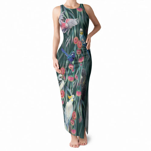 Australia Native Birds on Eucalyptus Tank Maxi Dress Dark Teal