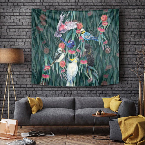 Australia Native Birds on Eucalyptus Tapestry Dark Teal