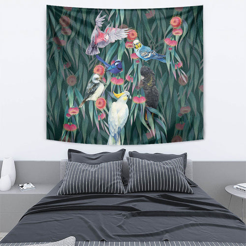 Australia Native Birds on Eucalyptus Tapestry Dark Teal
