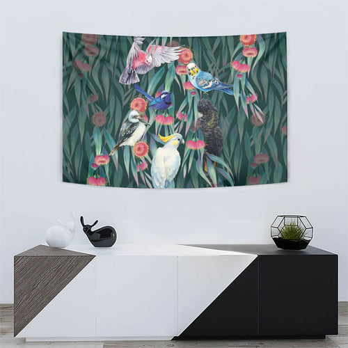 Australia Native Birds on Eucalyptus Tapestry Dark Teal