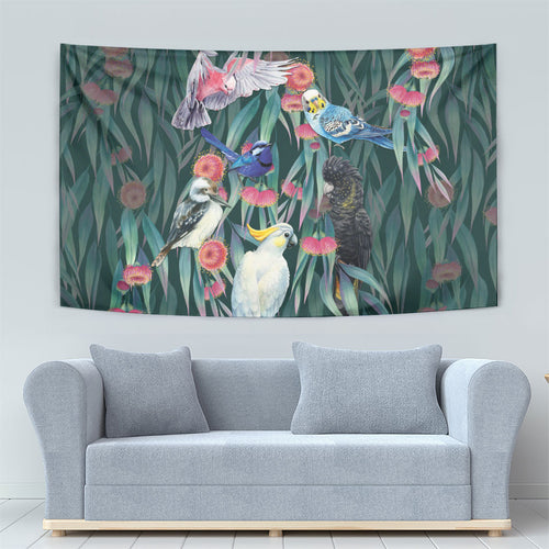 Australia Native Birds on Eucalyptus Tapestry Dark Teal