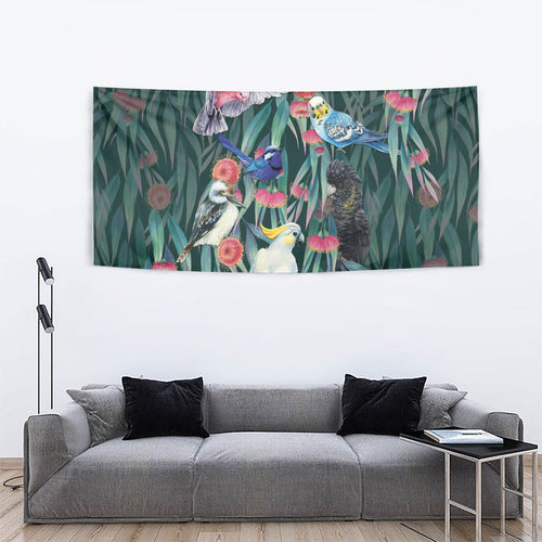 Australia Native Birds on Eucalyptus Tapestry Dark Teal