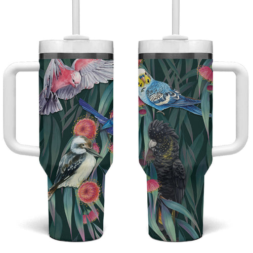 Australia Native Birds on Eucalyptus Tumbler With Handle Dark Teal