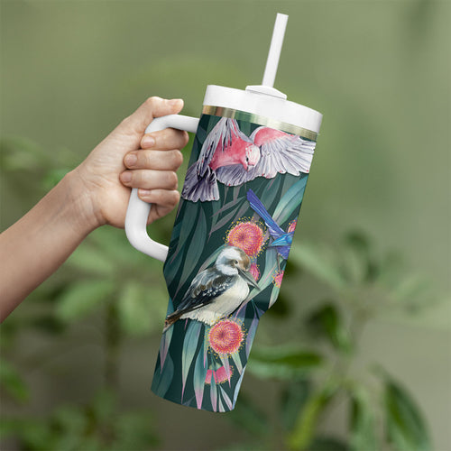 Australia Native Birds on Eucalyptus Tumbler With Handle Dark Teal