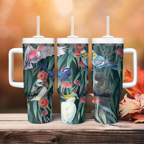 Australia Native Birds on Eucalyptus Tumbler With Handle Dark Teal