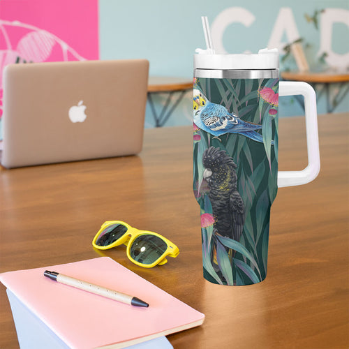 Australia Native Birds on Eucalyptus Tumbler With Handle Dark Teal