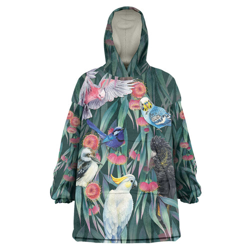 Australia Native Birds on Eucalyptus Wearable Blanket Hoodie Dark Teal