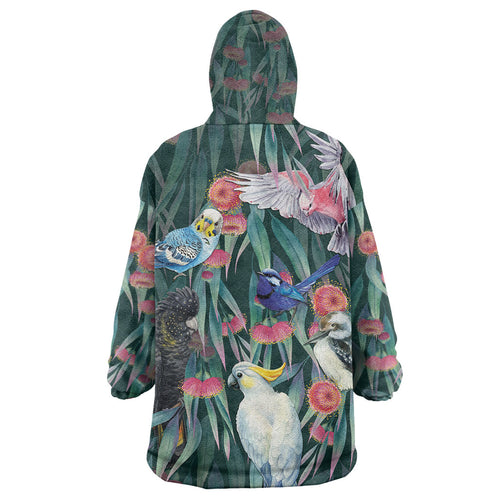 Australia Native Birds on Eucalyptus Wearable Blanket Hoodie Dark Teal