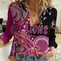 Personalised NAIDOC Week 2023 AFL Lions Women Casual Shirt Aboriginal Dot Art Lizard Mix Boomerang LT7