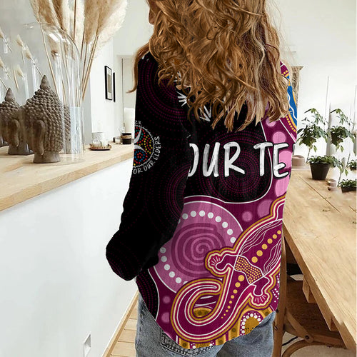 Personalised NAIDOC Week 2023 AFL Lions Women Casual Shirt Aboriginal Dot Art Lizard Mix Boomerang LT7