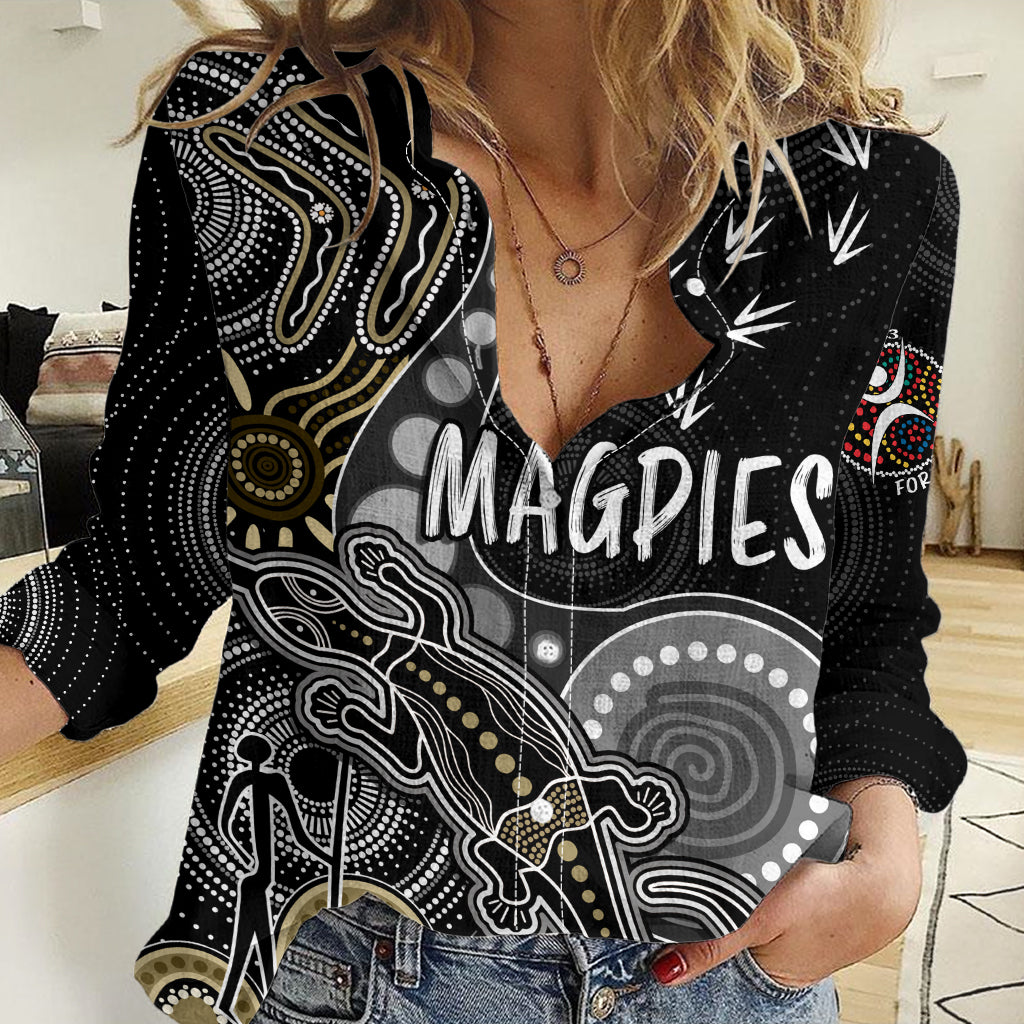 Personalised NAIDOC Week 2023 AFL Magpies Women Casual Shirt Aboriginal Dot Art Lizard Mix Boomerang LT7