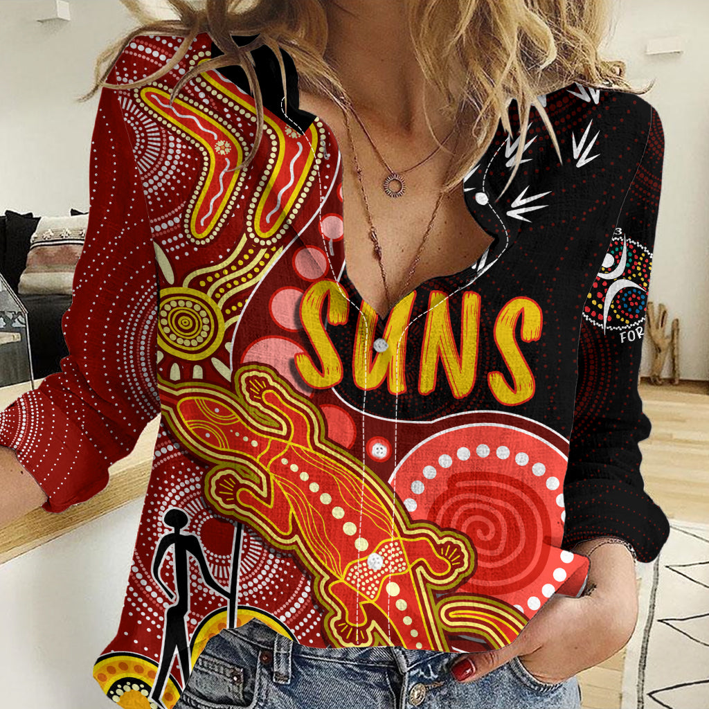 Personalised NAIDOC Week 2023 AFL Suns Women Casual Shirt Aboriginal Dot Art Lizard Mix Boomerang LT7