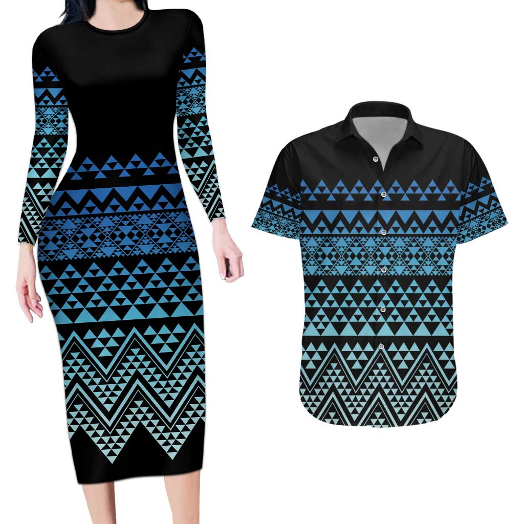 Maori Niho Taniwha Te Wheiao Couples Matching Long Sleeve Bodycon Dress and Hawaiian Shirt Moana Blue - Aussie Hoodie