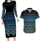Maori Niho Taniwha Te Wheiao Couples Matching Long Sleeve Bodycon Dress and Hawaiian Shirt Moana Blue - Aussie Hoodie